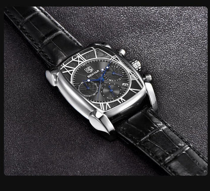 Stevvex rectangular waterproof wristwatch with black leather strap and silver case on Tampa Home & Garden Store