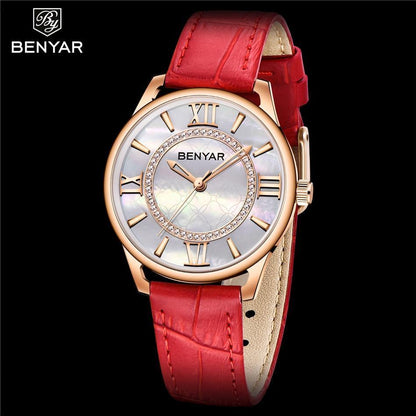 Benyar women's luxury quartz watch with red leather strap, gold-tone case and crystal bezel on Tampa Home & Garden Store
