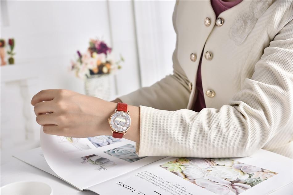 Stevvex women's luxury watch with rhinestone bezel, red leather strap, analog quartz on Tampa Home & Garden Store