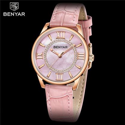 Watch Benyar women's luxury rhinestone analog quartz pink dial with pink leather strap on Tampa Home & Garden Store