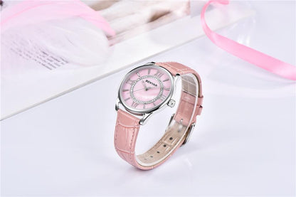 Stevvex women's pink leather quartz analog watch with rhinestone bezel and pink dial on Tampa Home & Garden Store