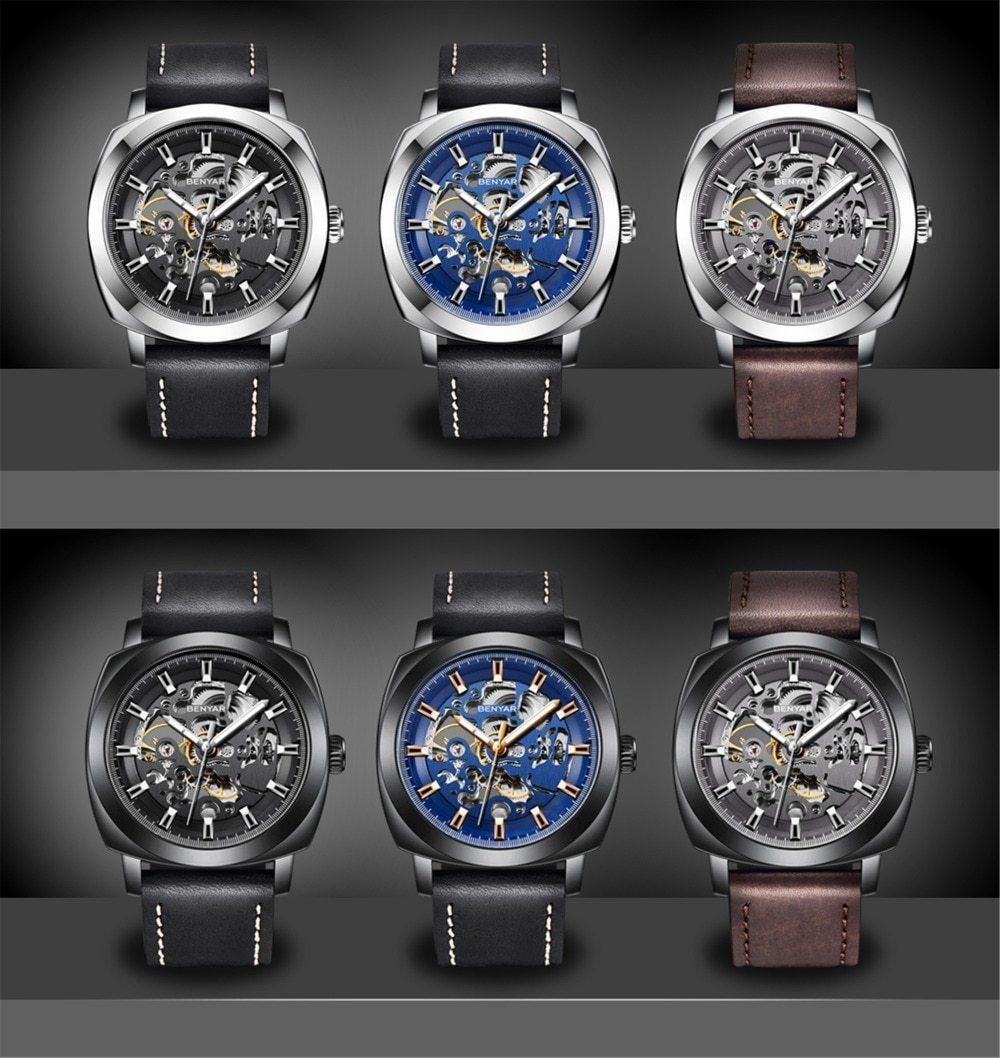 Stevvex ST335MERHE11 skeleton watches, 6 variants with black blue gray dials and leather straps on Tampa Home & Garden Store