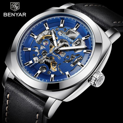 Benyar skeleton dial automatic men's watch with blue dial and black leather strap on Tampa Home & Garden Store