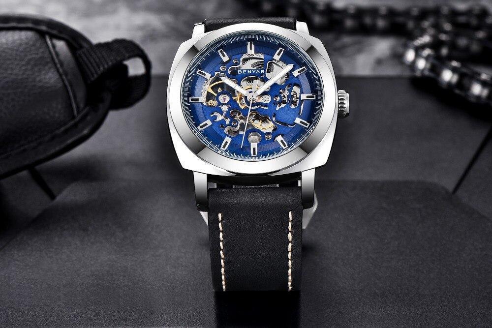 BENYAR skeleton automatic men's watch with blue dial, steel case, black leather strap on Tampa Home & Garden Store