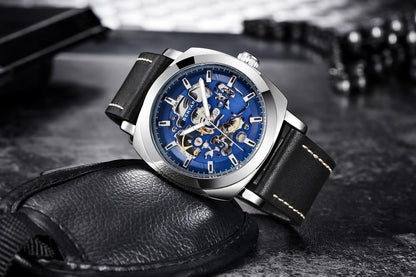 Stevvex men's automatic skeleton watch with blue dial, stainless steel case, black leather strap on Tampa Home & Garden Store