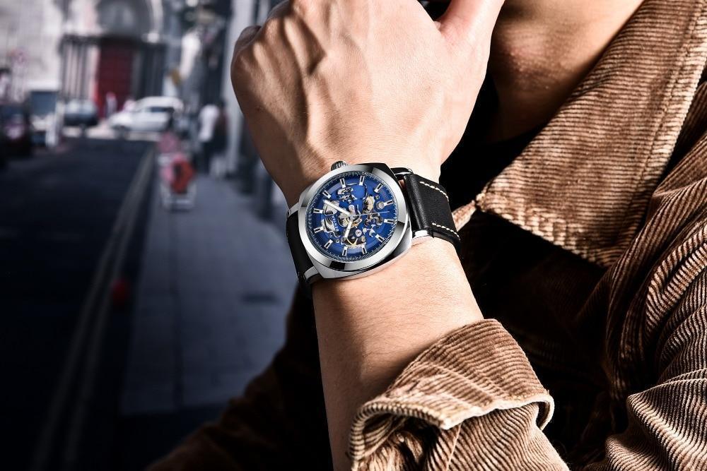 Luxury men's business skeleton watch Stevvex with blue dial and black leather strap on Tampa Home & Garden Store