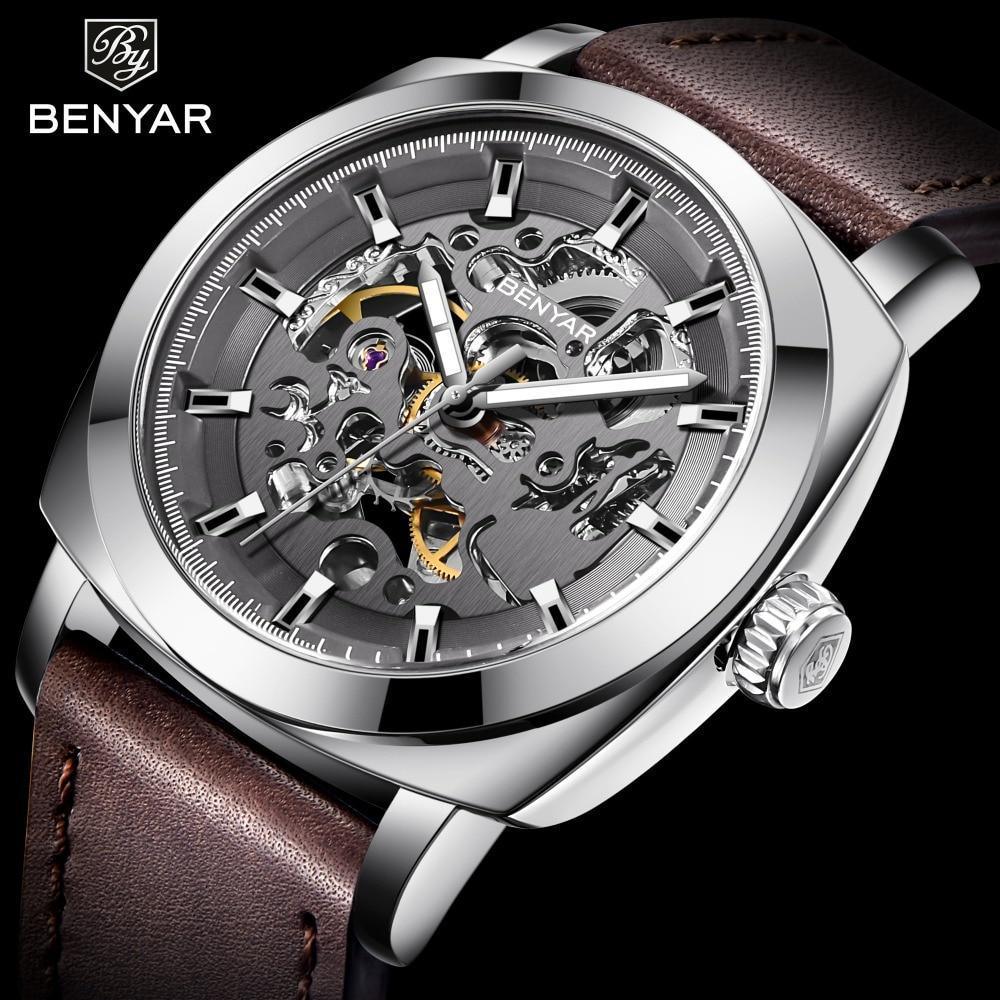 Stevvex ST335MERHE11 skeleton watch with BENYAR logo, silver case, brown leather strap on Tampa Home & Garden Store