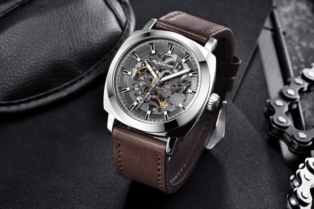 Stevvex luxury men's skeleton automatic watch with stainless steel case and brown leather strap on Tampa Home & Garden Store
