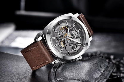 Stevvex skeleton automatic men's watch, stainless steel case, brown leather strap on Tampa Home & Garden Store
