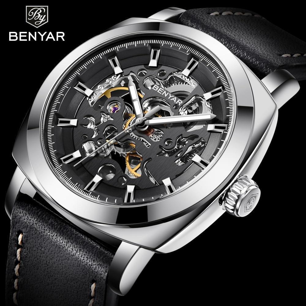BENYAR skeleton automatic men's watch with silver-tone case and black leather strap on Tampa Home & Garden Store