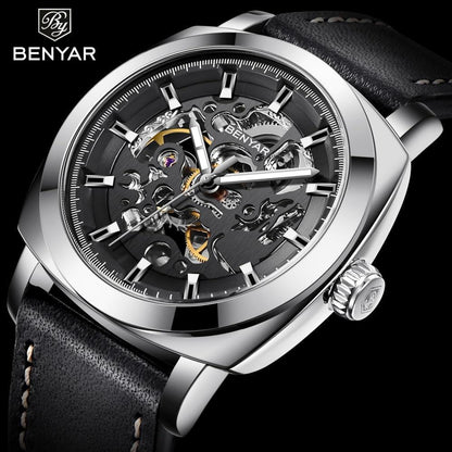 BENYAR skeleton automatic men's watch with silver-tone case and black leather strap on Tampa Home & Garden Store