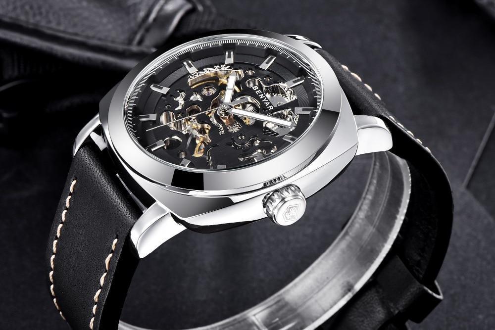 Stevvex skeleton automatic watch ST335MERHE11 black dial silver case leather strap BENYAR logo on Tampa Home & Garden Store