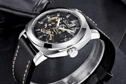 Stevvex skeleton automatic watch ST335MERHE11 black dial silver case leather strap BENYAR logo on Tampa Home & Garden Store