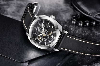 Stevvex luxury men's skeleton automatic watch with black leather strap and stainless steel case on Tampa Home & Garden Store
