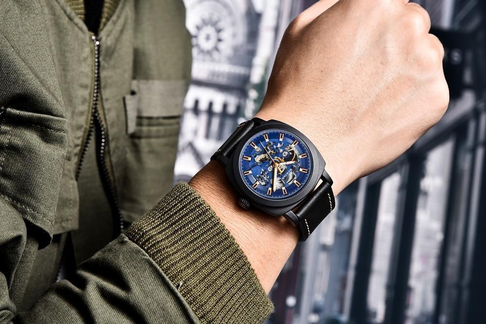 Stevvex Luxury Men's Business Watch with blue skeleton dial, black case, leather strap on Tampa Home & Garden Store