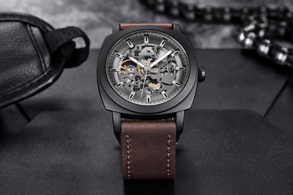 Stevvex automatic skeleton watch for men with black case and brown leather strap waterproof on Tampa Home & Garden Store
