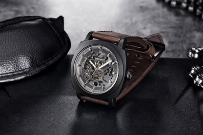 Stevvex luxury men's skeleton automatic watch with black case and brown leather strap on Tampa Home & Garden Store