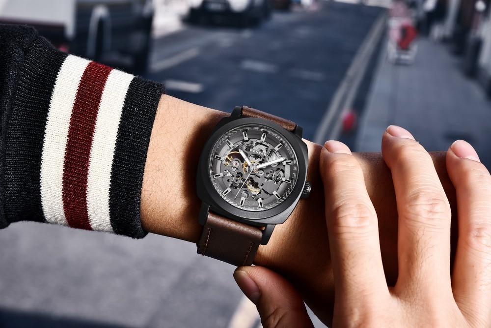 Stevvex ST335MERHE11 skeleton automatic men's luxury watch with brown leather strap on wrist on Tampa Home & Garden Store