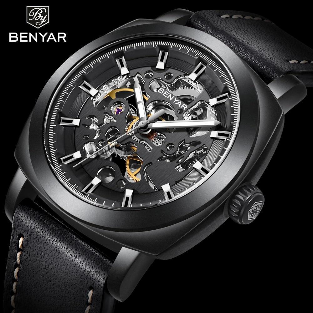 Luxury men's skeleton mechanical watch Benyar with black case and leather strap on Tampa Home & Garden Store