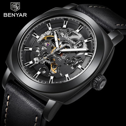 Luxury men's skeleton mechanical watch Benyar with black case and leather strap on Tampa Home & Garden Store