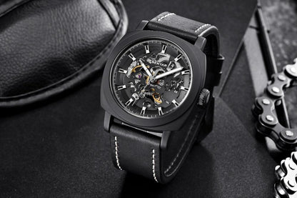 Stevvex men's skeleton automatic wristwatch, black case, black leather strap with white stitch on Tampa Home & Garden Store