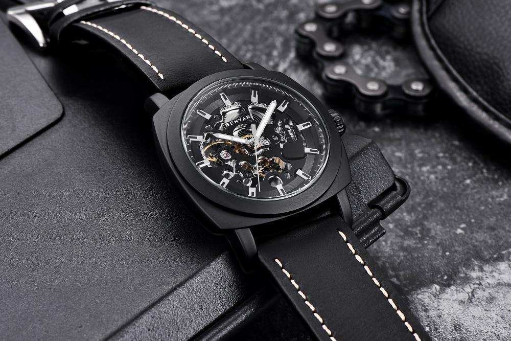 Stevvex luxury men's skeleton automatic watch with black case and stitched leather strap on Tampa Home & Garden Store