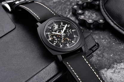 Stevvex luxury men's skeleton automatic watch with black case and stitched leather strap on Tampa Home & Garden Store
