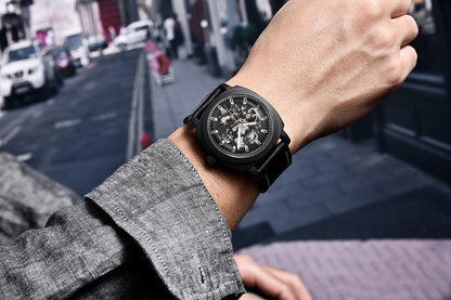 Stevvex luxury men's automatic skeleton watch on black strap, stainless case on Tampa Home & Garden Store