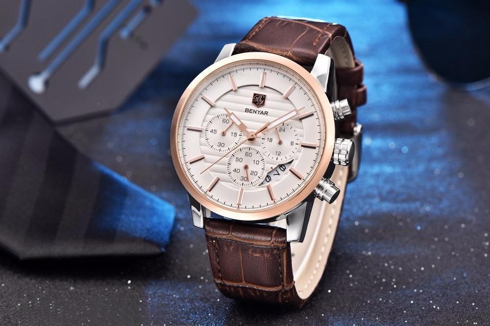 Stevvex steel sports watch with brown leather band and rose gold bezel, chronograph dial on Tampa Home & Garden Store