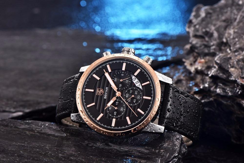 Luxury steel sports men's watch Benyar with black dial, rose-gold bezel and leather strap on Tampa Home & Garden Store