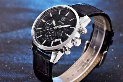 Stevvex luxury steel sports men's watch with black dial, chronograph subdials, leather band on Tampa Home & Garden Store
