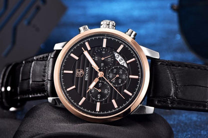 Stevvex luxury steel sports men's watch with black dial, rose gold bezel, leather strap on Tampa Home & Garden Store