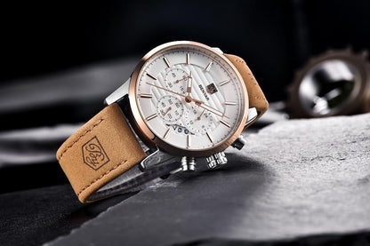 Stevvex luxury steel sports men's watch with rose-gold bezel, white dial, tan leather strap on Tampa Home & Garden Store