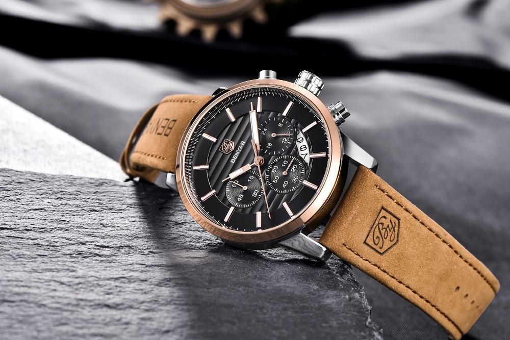Benyar luxury steel sports watch with black chronograph dial and tan leather band on Tampa Home & Garden Store
