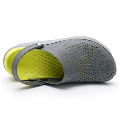 Stevvex gray perforated clog sandal; lime interior, unisex water/garden slip-on shoe on Tampa Home & Garden Store