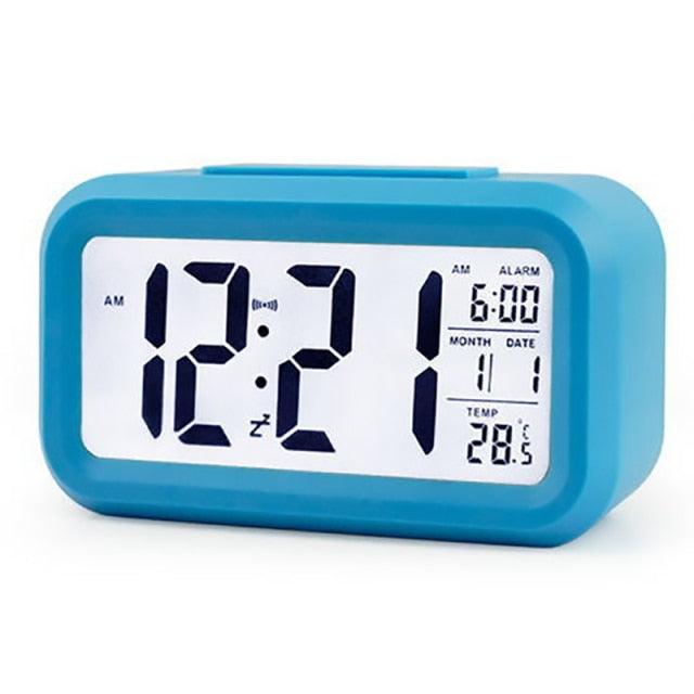 Blue Stevvex digital alarm clock with LCD display, date and temp, battery powered desk clock on Tampa Home & Garden Store