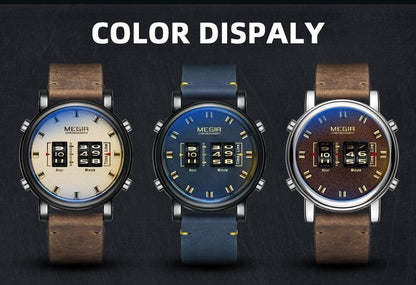 MEGIR military sport watches with brown leather or blue straps in beige blue and brown on Tampa Home & Garden Store