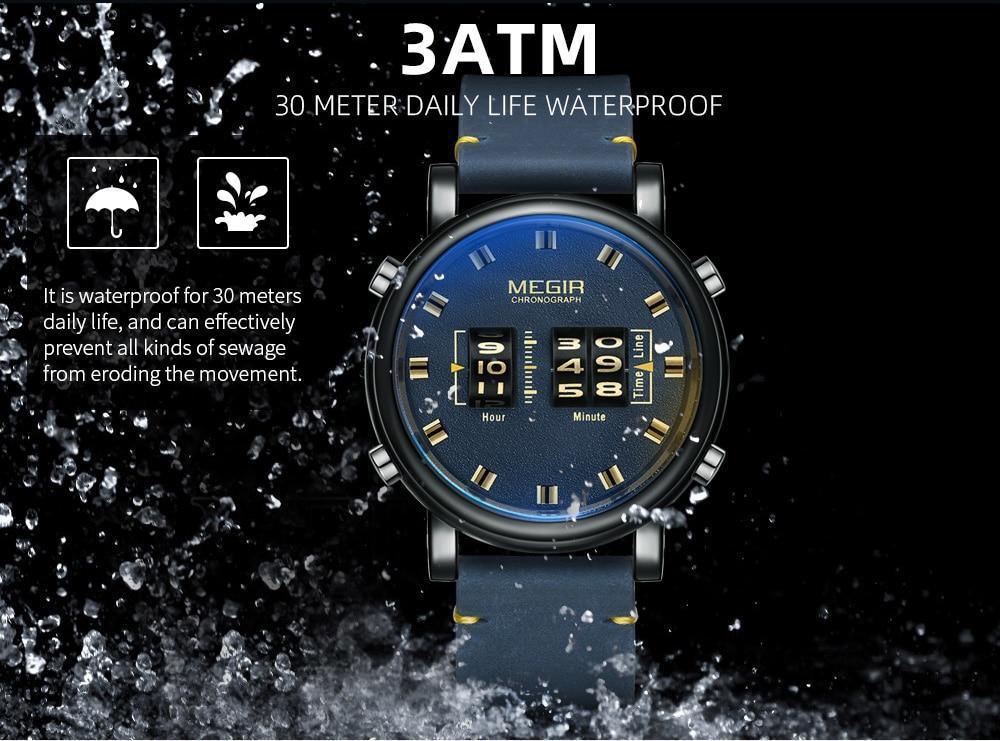 MEGIR chronograph men's wristwatch with blue dial and strap 3ATM water resistant roller display on Tampa Home & Garden Store