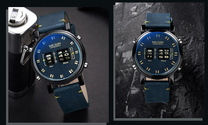Men's Megip chronograph military sport watch blue dial black case blue strap with yellow stitch on Tampa Home & Garden Store