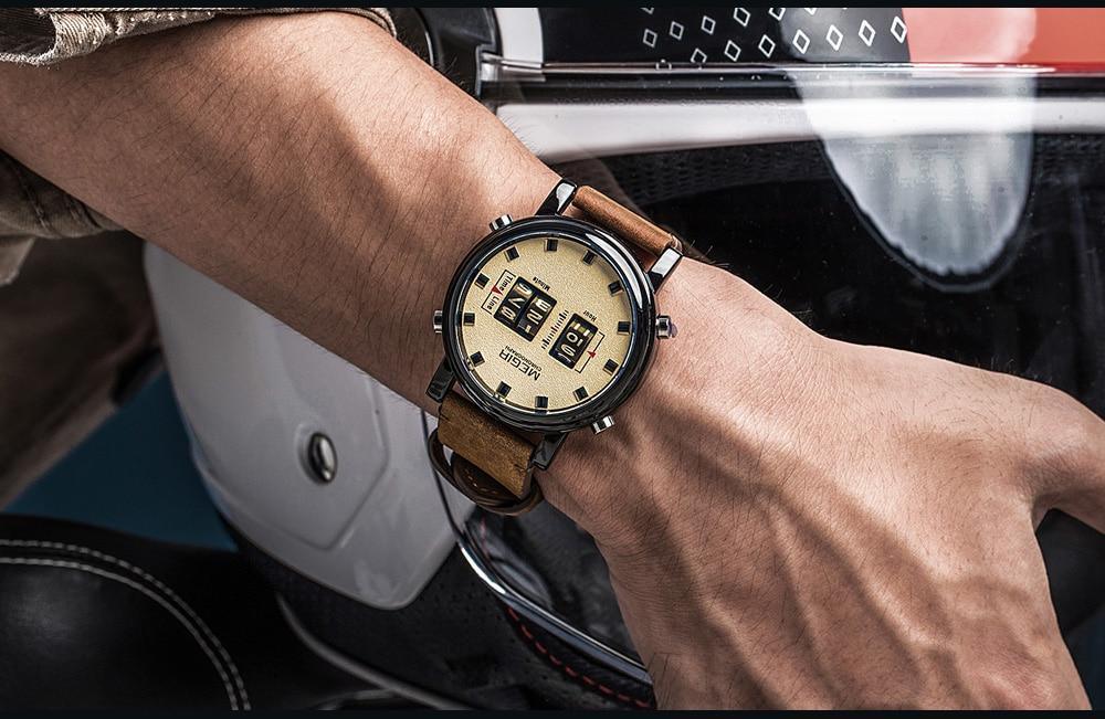 Stevvex military sport quartz wristwatch with brown leather strap and beige dial on wrist on Tampa Home & Garden Store