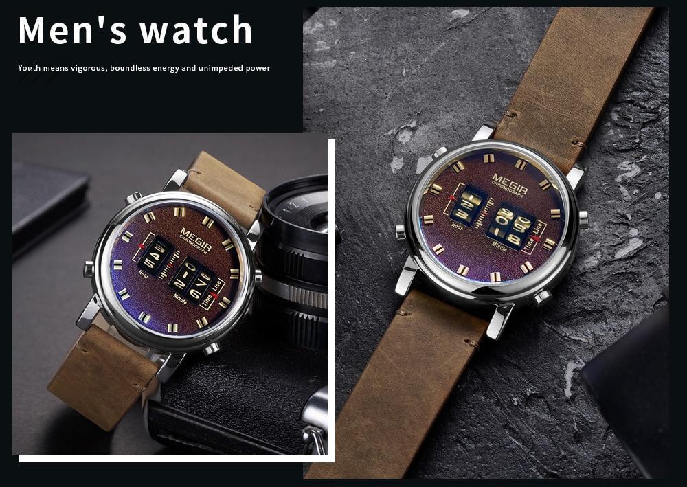 Men's roller-style military sport watch by Stevvex with brown leather strap, purple dial on Tampa Home & Garden Store