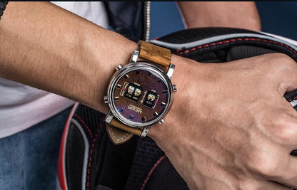 Military sport quartz watch for men with brown leather strap, silver case, and roller date dial on Tampa Home & Garden Store