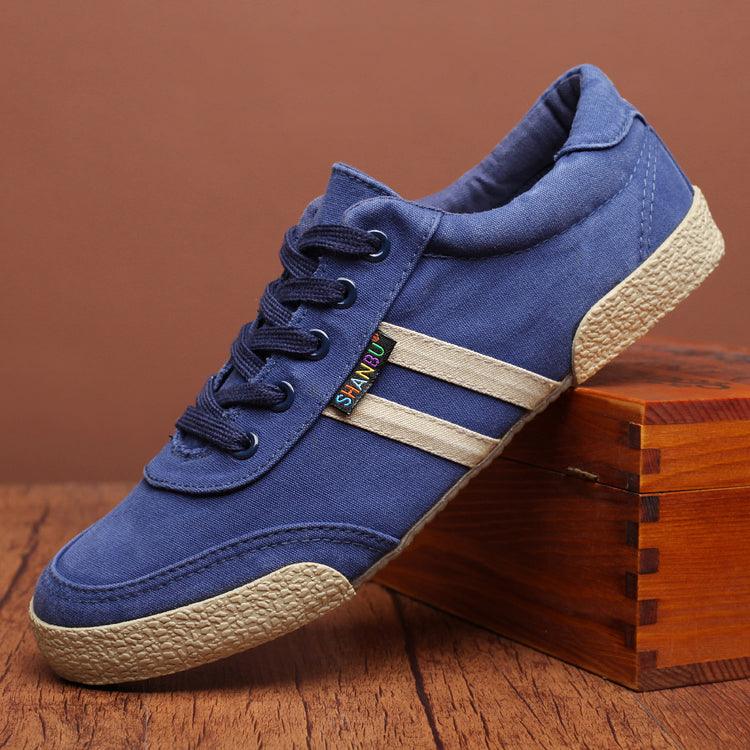 Stevvex men's blue canvas sneakers with beige stripes, lace-up casual walking shoes on Tampa Home & Garden Store