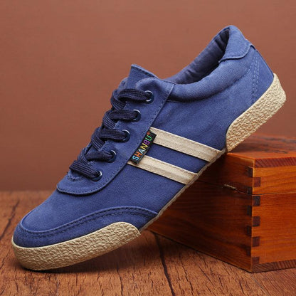 Stevvex men's blue canvas sneakers with beige stripes, lace-up casual walking shoes on Tampa Home & Garden Store