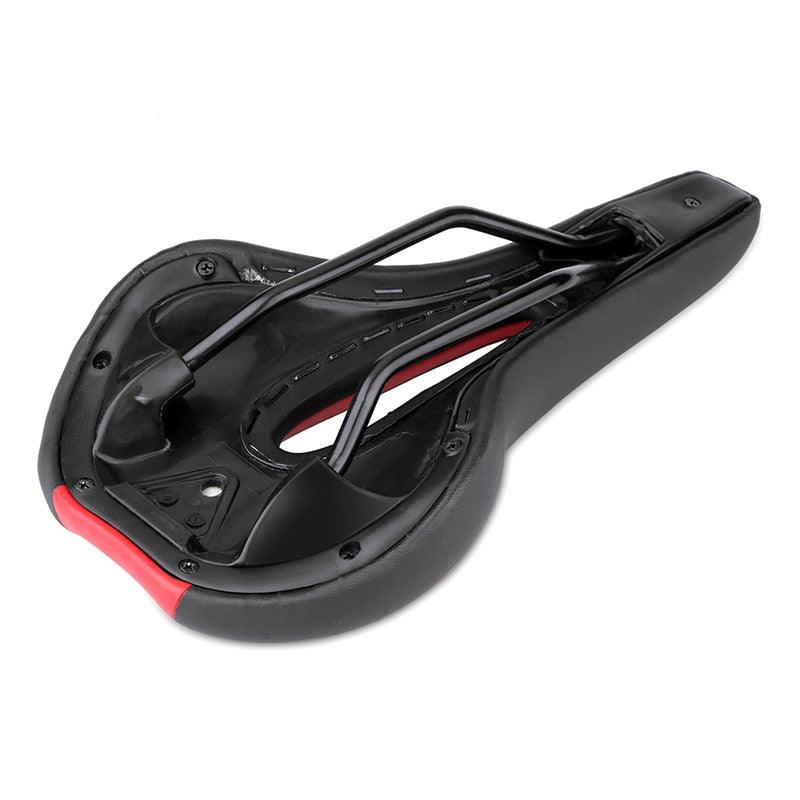 Stevvex bicycle saddle with breathable silicone cushion, black PU leather, red rear accent and rails on Tampa Home & Garden Store