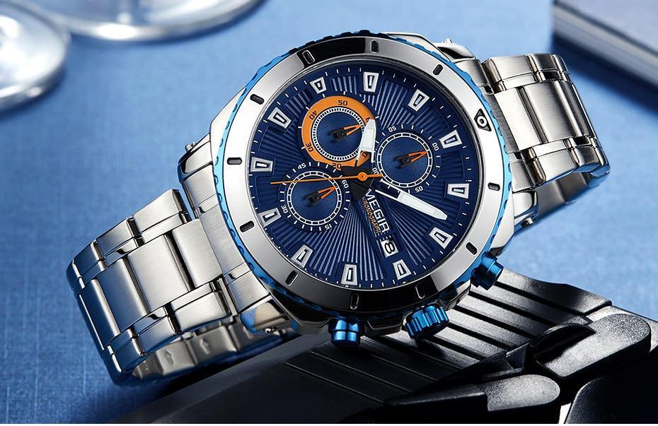 Stevvex luxury men's stainless steel chronograph watch with blue dial and orange accents on Tampa Home & Garden Store