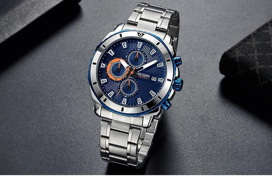Stevvex luxury men's blue chronograph quartz watch with stainless steel bracelet on Tampa Home & Garden Store