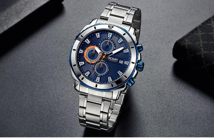 Stevvex luxury men's blue chronograph quartz watch with stainless steel bracelet on Tampa Home & Garden Store