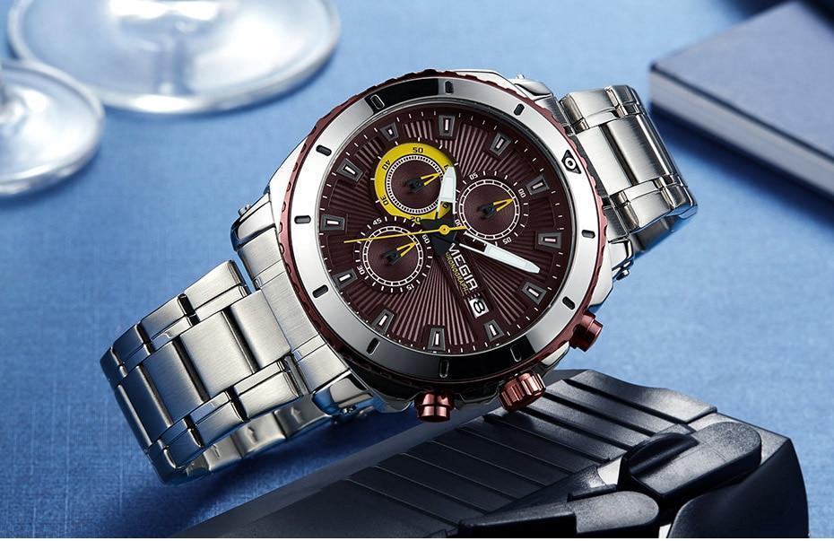 Luxury men's quartz chronograph watch with stainless steel bracelet burgundy dial by Stevvex on Tampa Home & Garden Store
