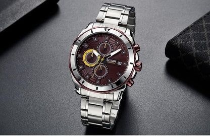 Stevvex stainless steel men's watch with burgundy chronograph dial and silver bracelet on Tampa Home & Garden Store